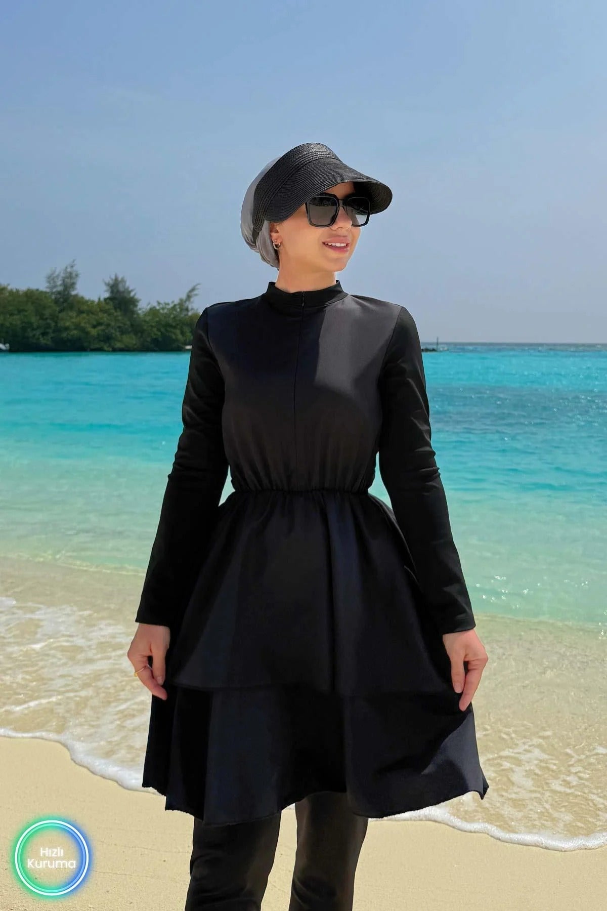 Ruffle Detail Full Coverage Burkini - 2 Piece Modest Swimsuit in Black