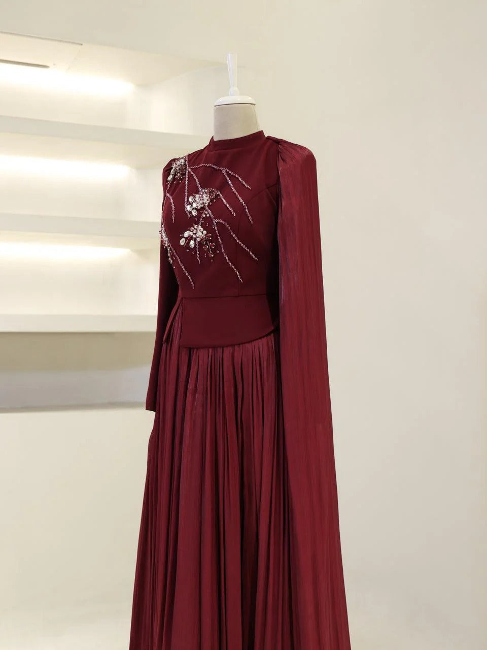 Beaded Embellished Maxi Evening Dress for Formal Events - Burgundy