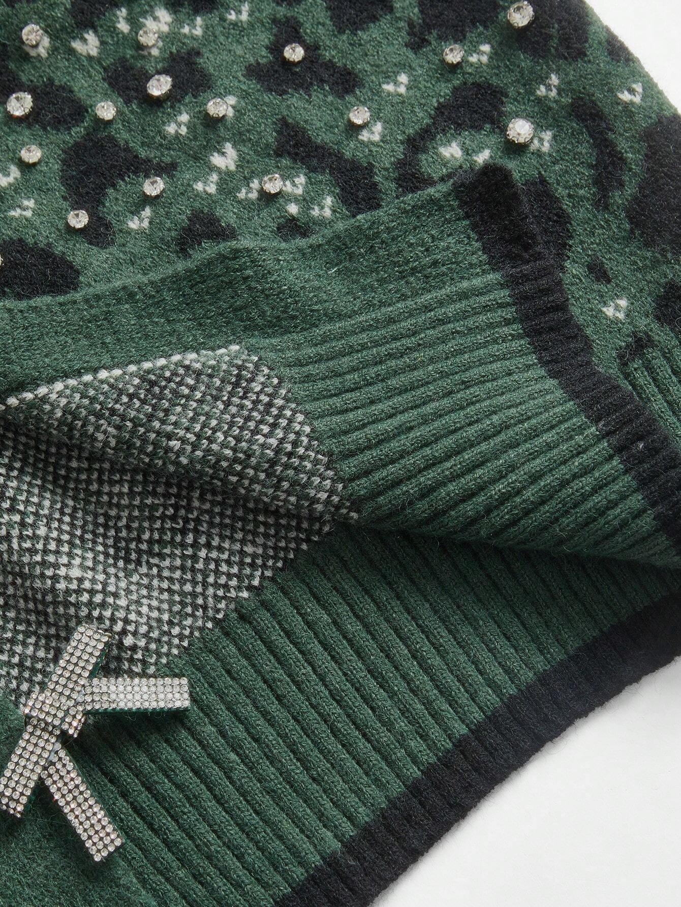 Vintage Leopard Print Knitted Cardigan With Bow Tie And Rhinestone Decor