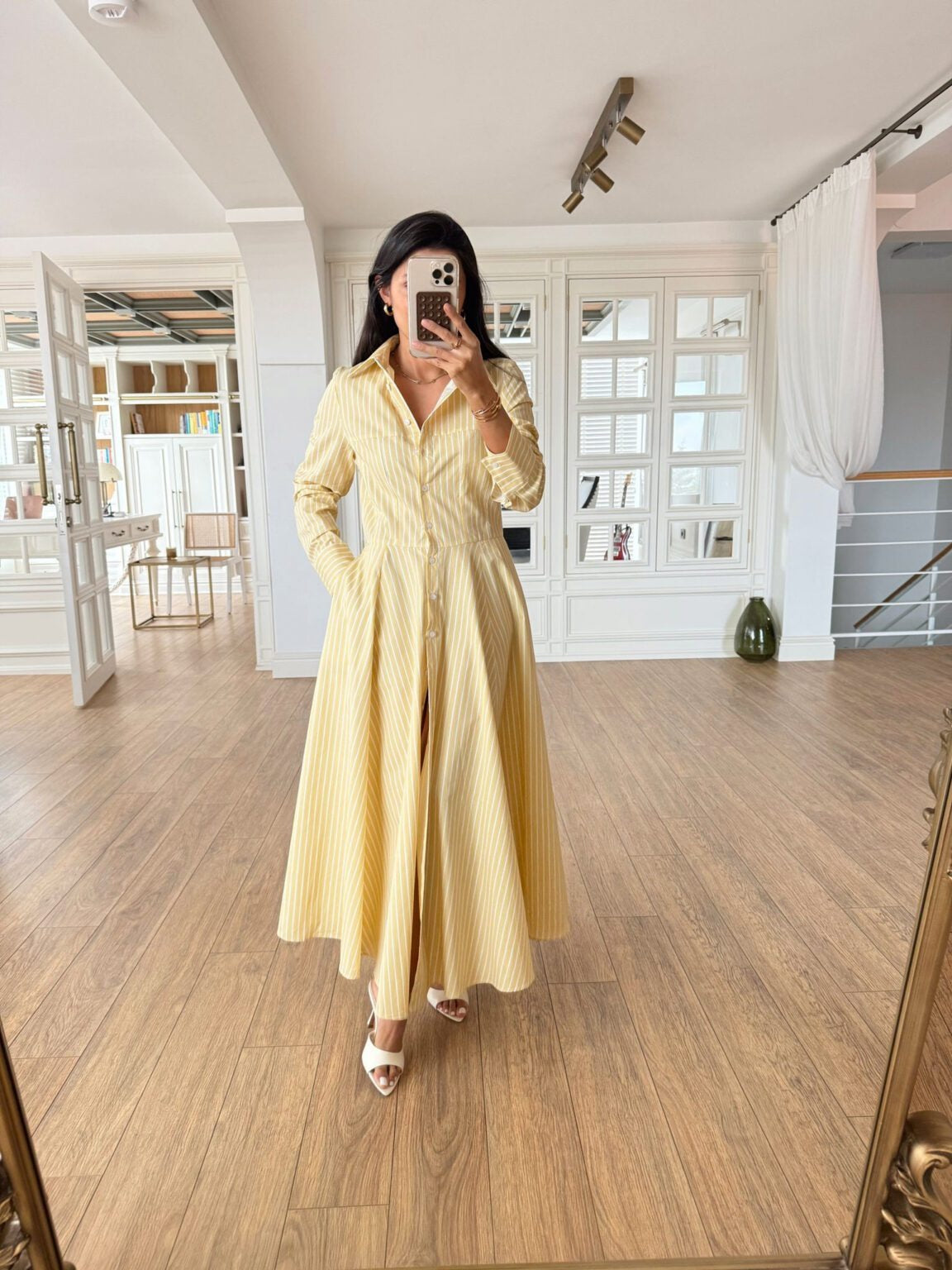 Yellow Striped Cotton Maxi Shirt Dress