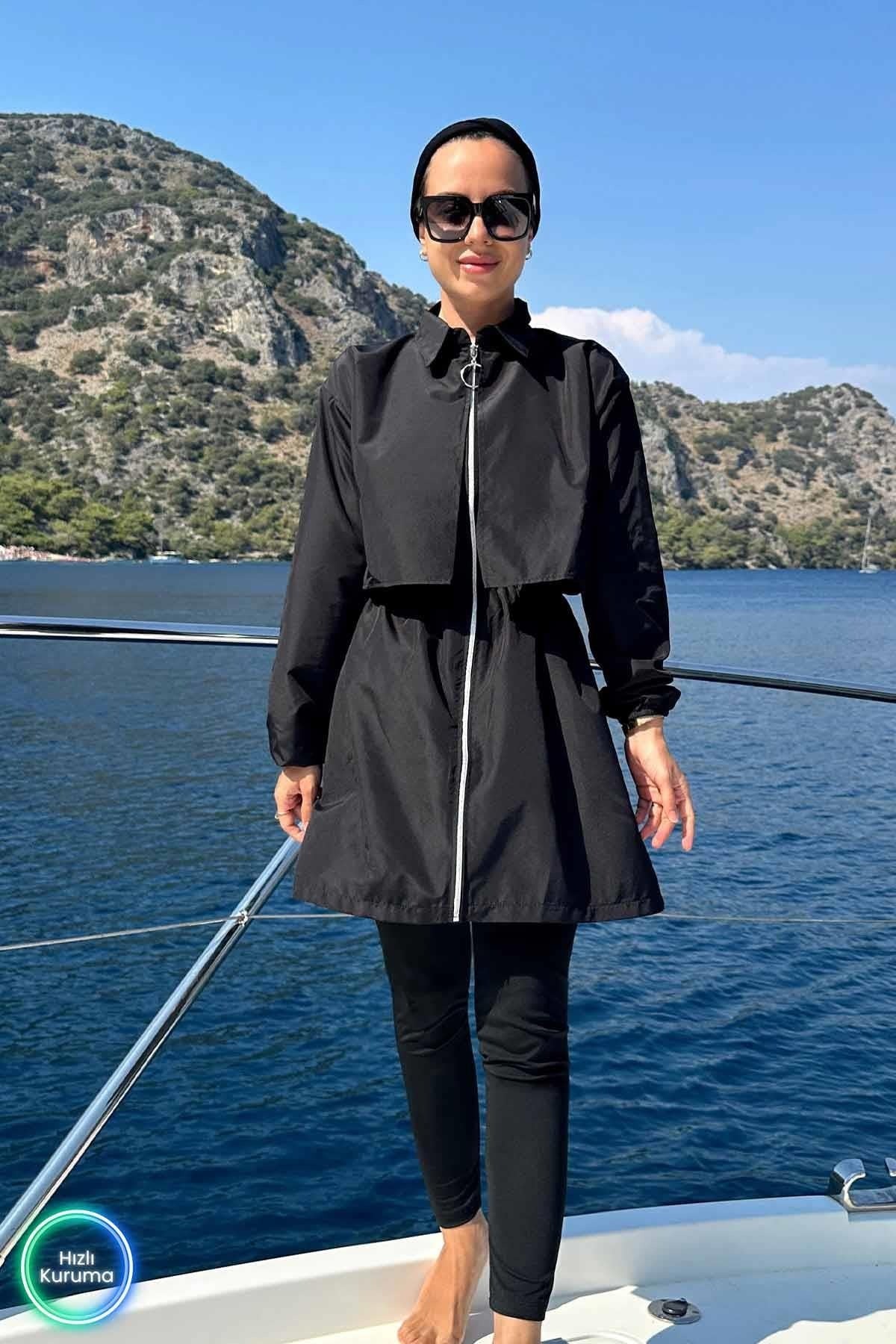 Sea Black Full Coverage Burkini - 2 Piece Quick-Dry Modest Swimsuit