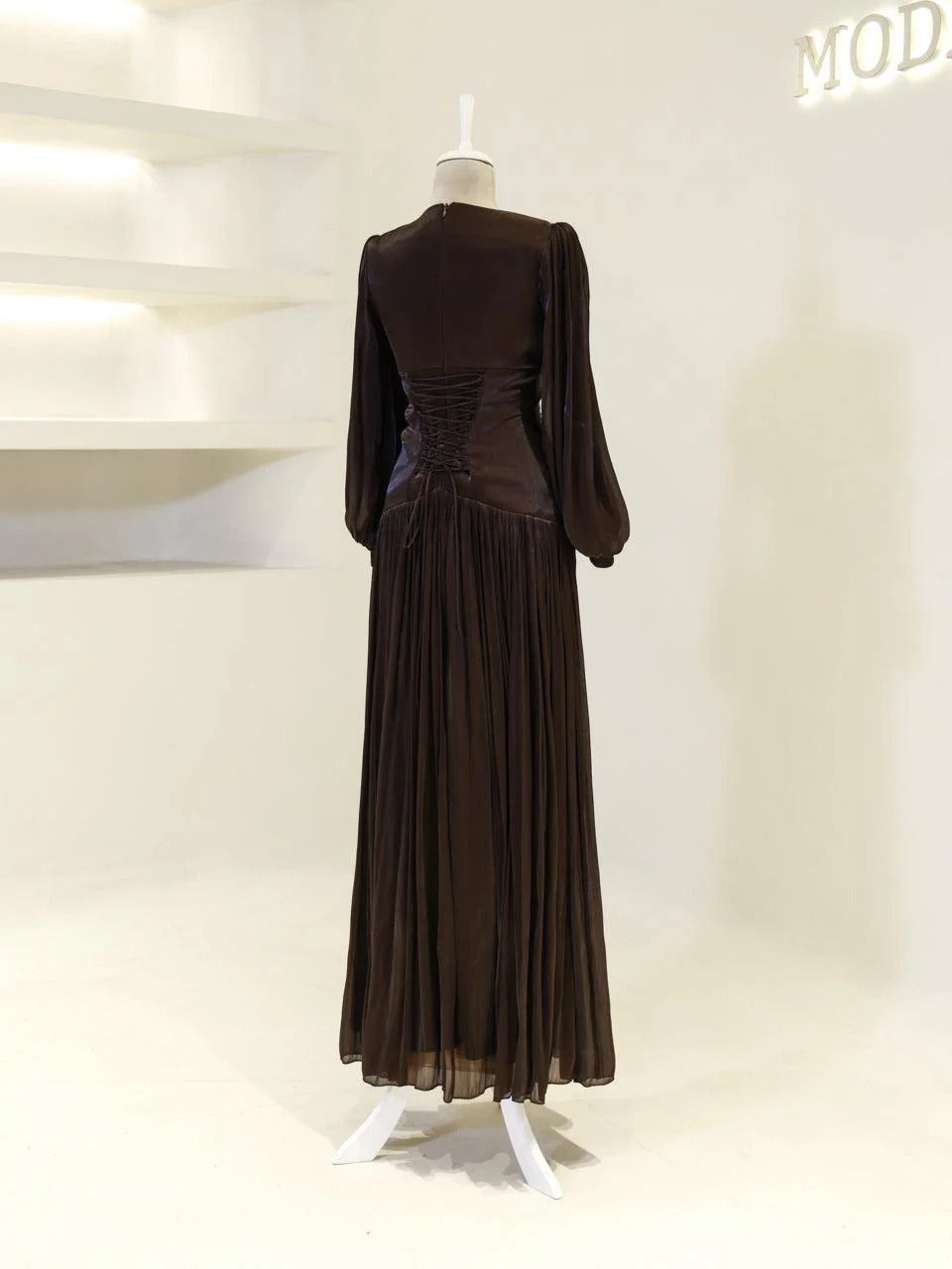 Shimmering Orchid Modest Evening Dress - Flare Pleated Gown - Dark Brown