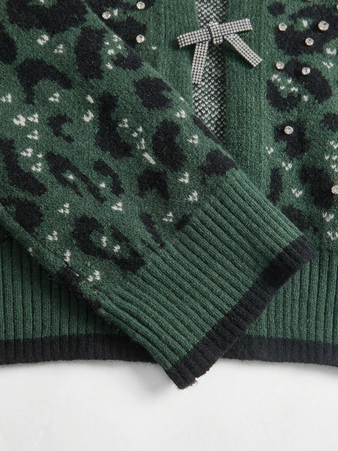 Vintage Leopard Print Knitted Cardigan With Bow Tie And Rhinestone Decor