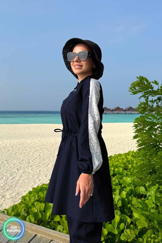 Navy Blue Sequin Detail Full Coverage Burkini - 2 Piece Luxury Modest Swimsuit