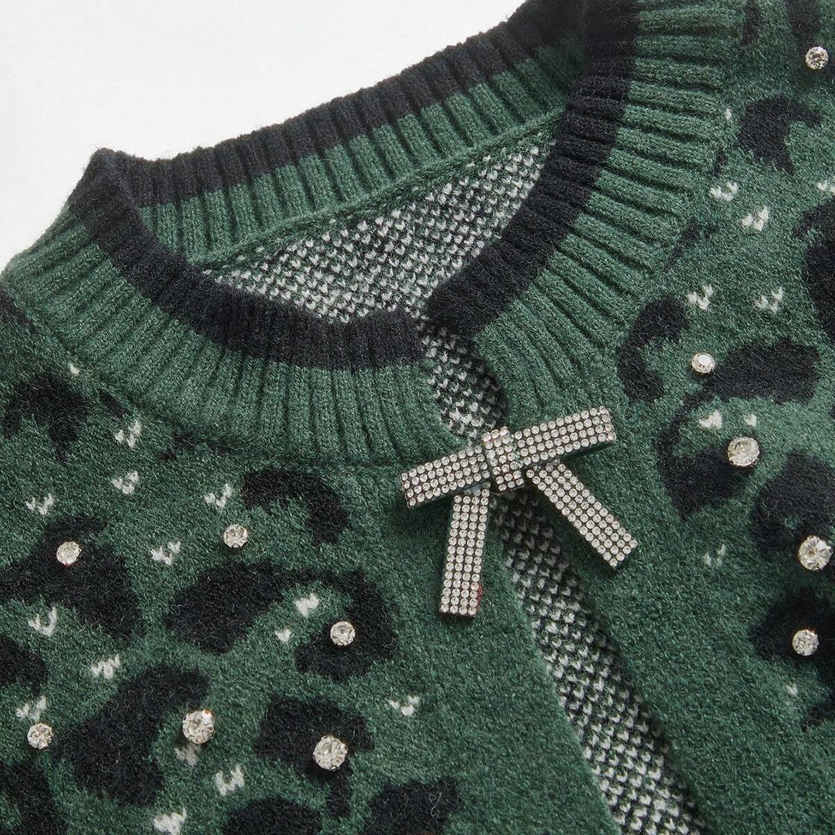 Vintage Leopard Print Knitted Cardigan With Bow Tie And Rhinestone Decor
