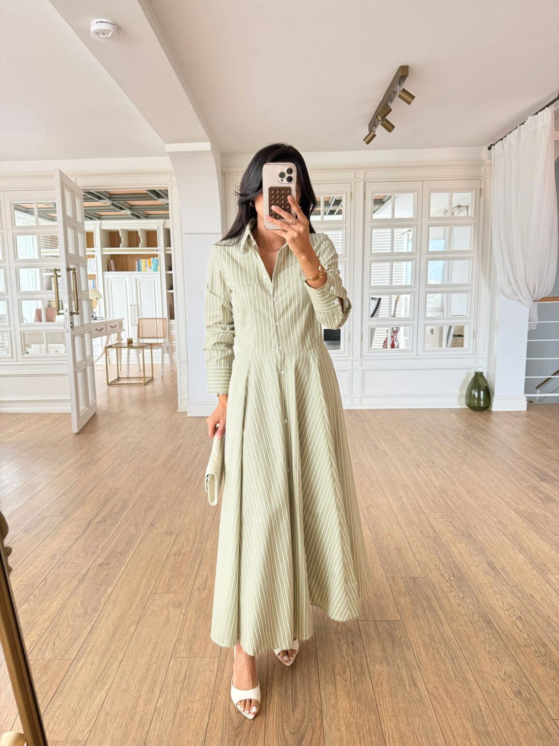 Green Striped Cotton Maxi Shirt Dress