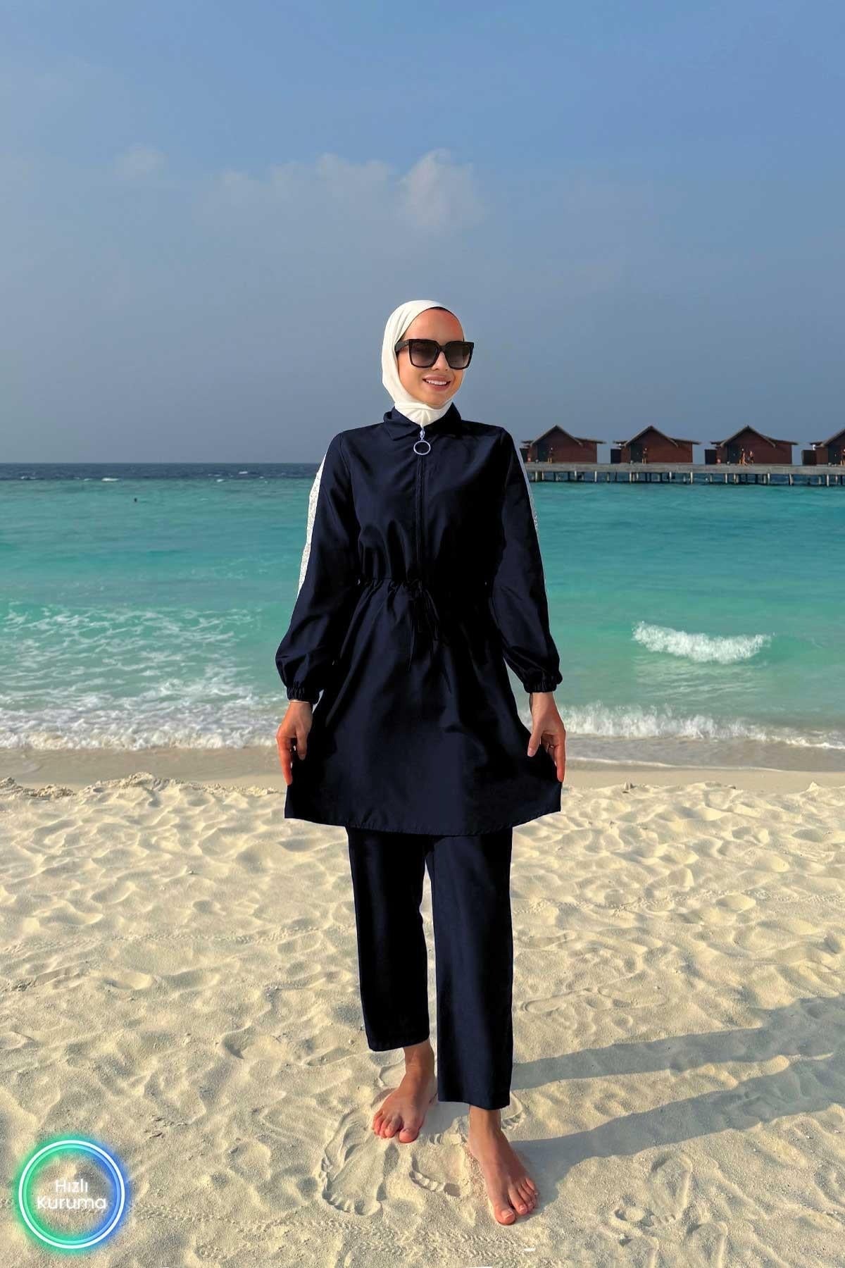 Navy Blue Sequin Detail Full Coverage Burkini - 2 Piece Luxury Modest Swimsuit