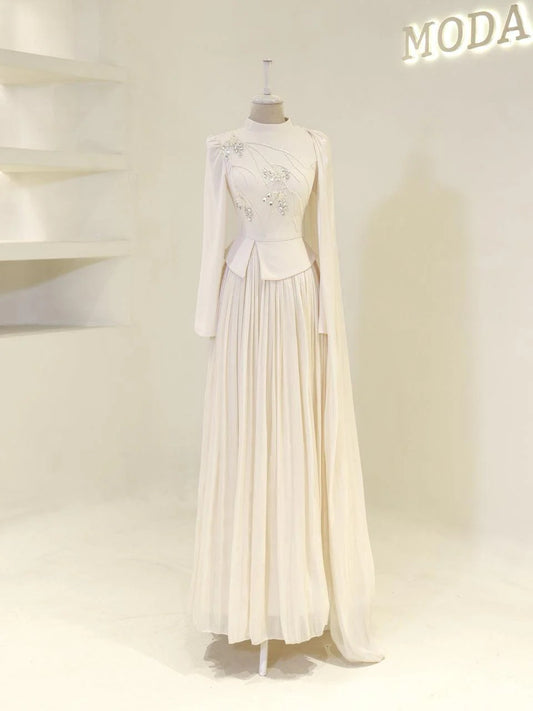Beaded Embellished Maxi Evening Dress for Formal Events - Cream
