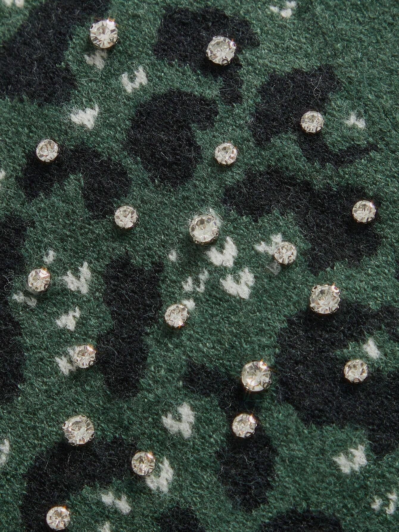 Vintage Leopard Print Knitted Cardigan With Bow Tie And Rhinestone Decor