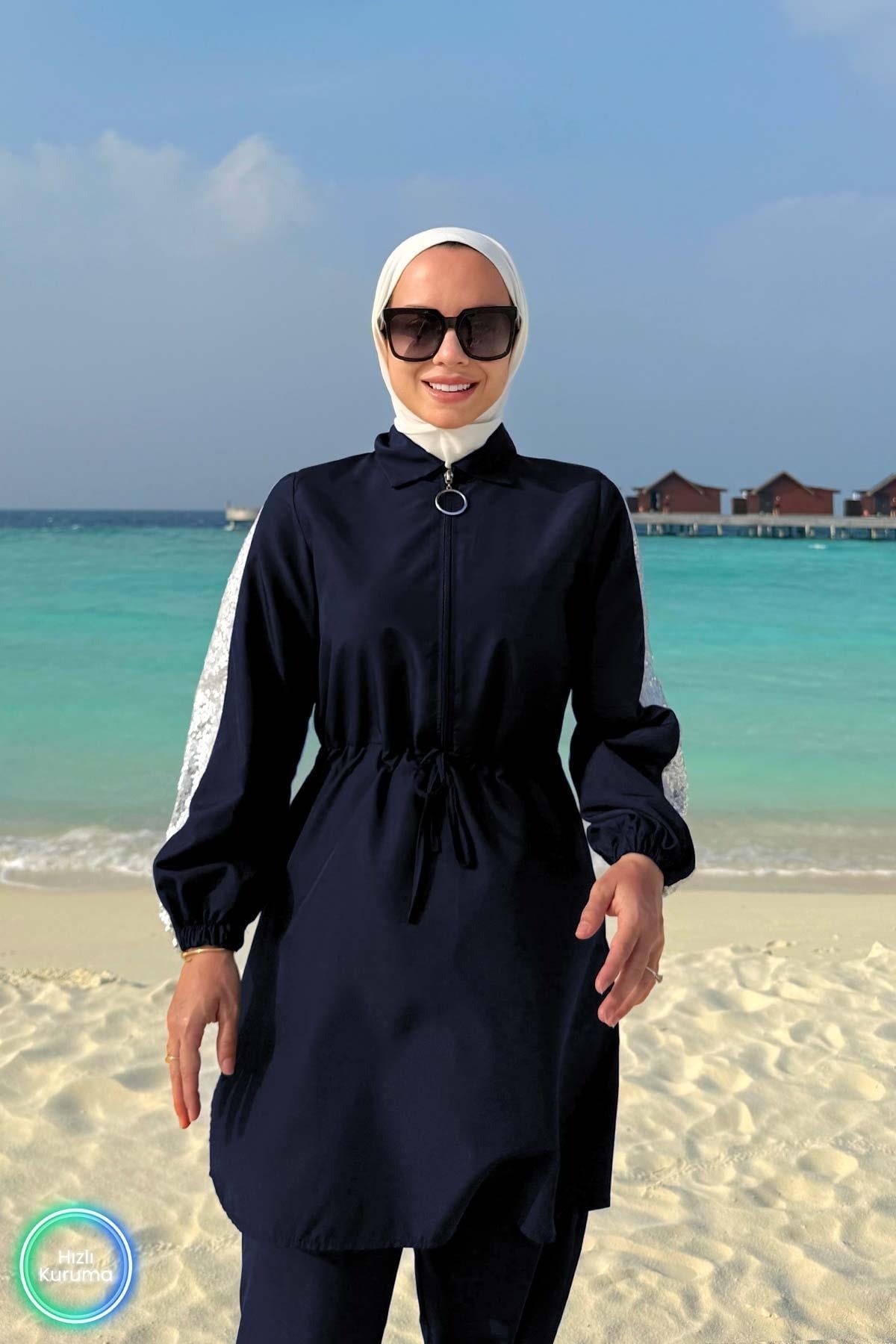Navy Blue Sequin Detail Full Coverage Burkini - 2 Piece Luxury Modest Swimsuit
