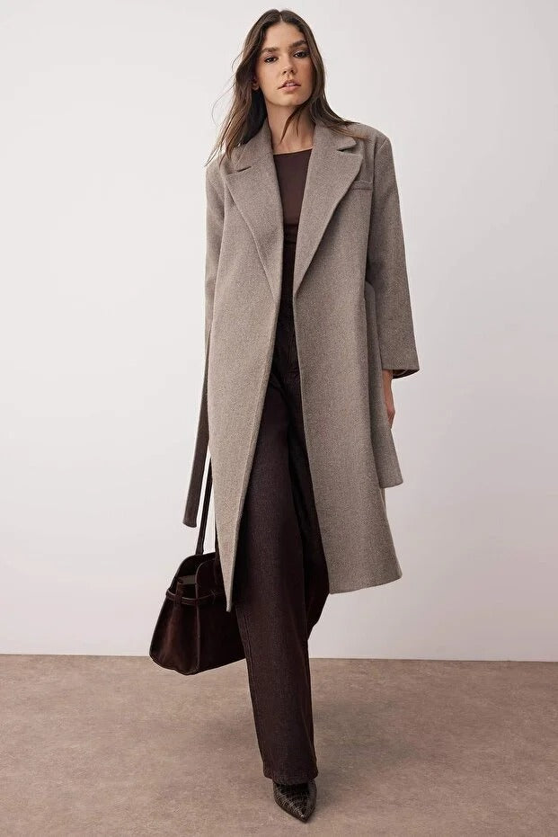 Taupe Herringbone Double-Breasted Oversized Long Wool-Blend Coat