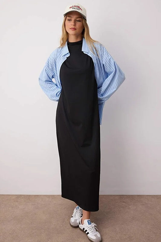 Black High-Neck Sleeveless Scuba Knit Maxi Inner Dress