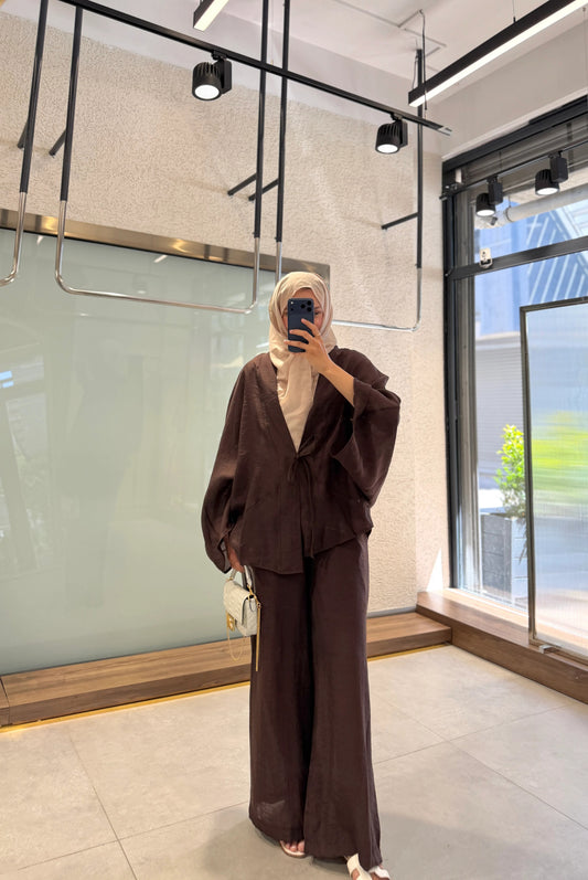 Brown Modest Kimono Pant Set - Two Piece Matching Wide Leg Outfit