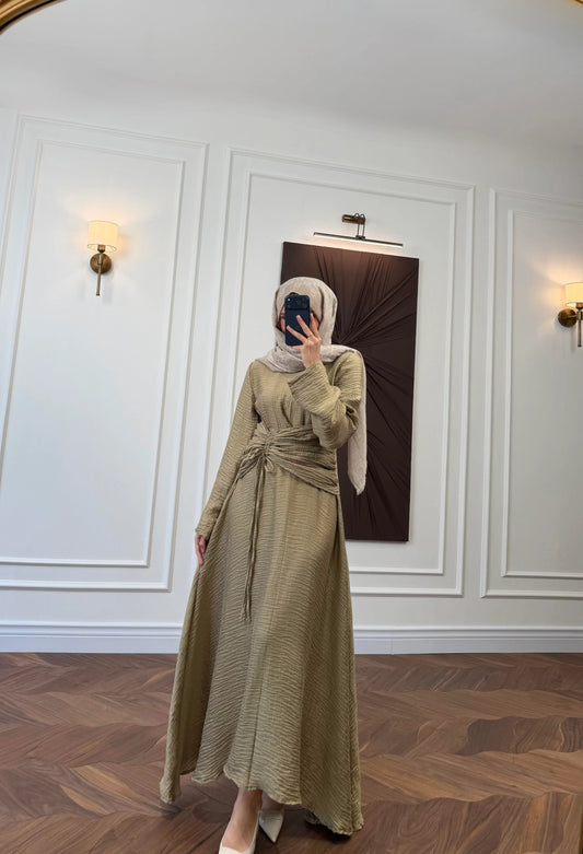 Khaki Ruched Drawstring Waist Maxi Dress with Flared Sleeves