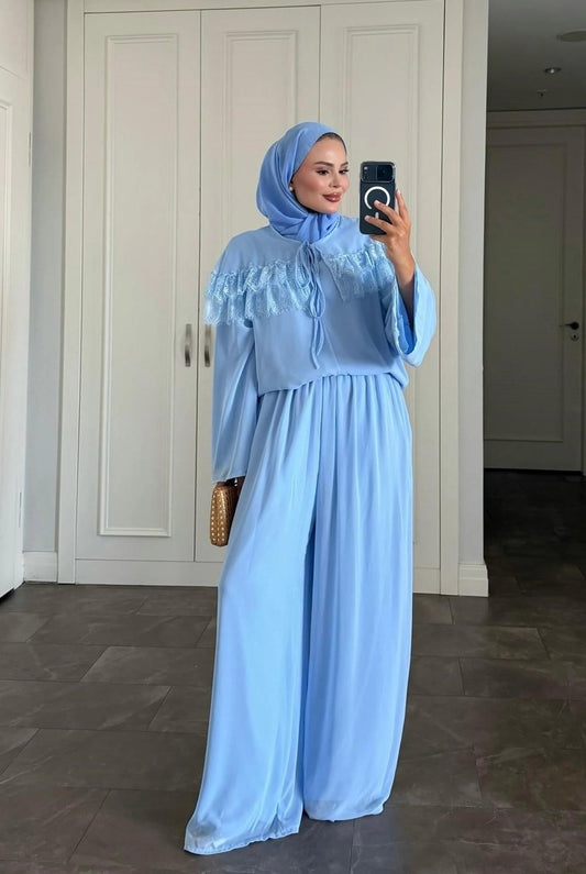 Ivana Blue Modest Pant Set - Lined Two Piece Tunic and Trousers Outfit