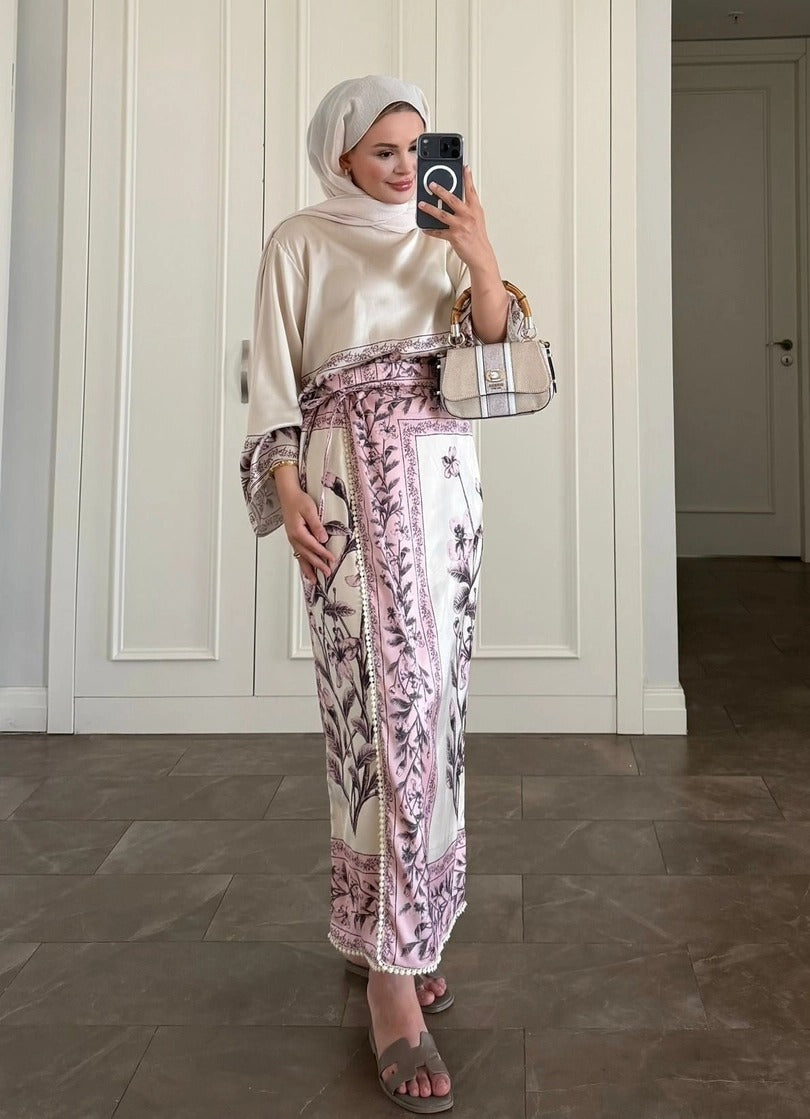 Pink Botanical Scarf Print Modest Satin Skirt Co-Ord Set