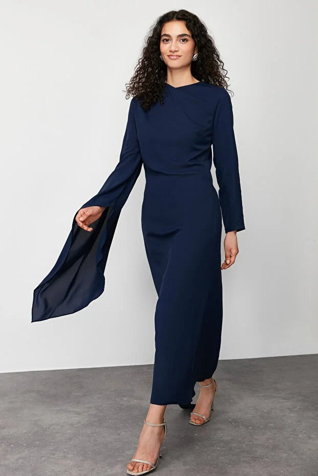 Navy Blue Shawl-Detail Evening Dress