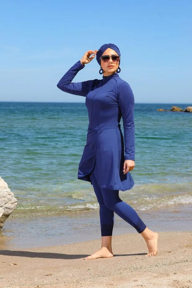 Pareo Style Full Coverage Burkini - 3 Piece Modest Swimsuit -Blue