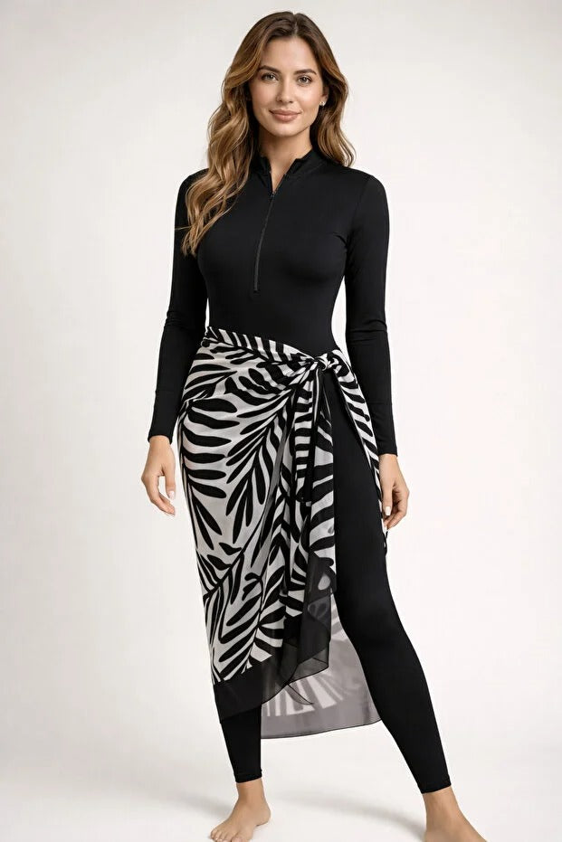 Lana 3-Piece Modest Swimsuit Set - Long Sleeve Burkini with Pareo -Leaf