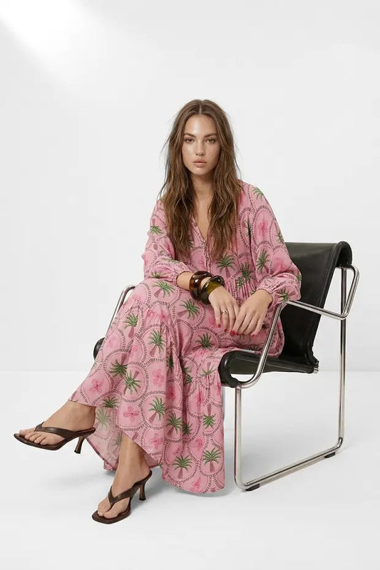 Pink Palm Print Woven Maxi Dress