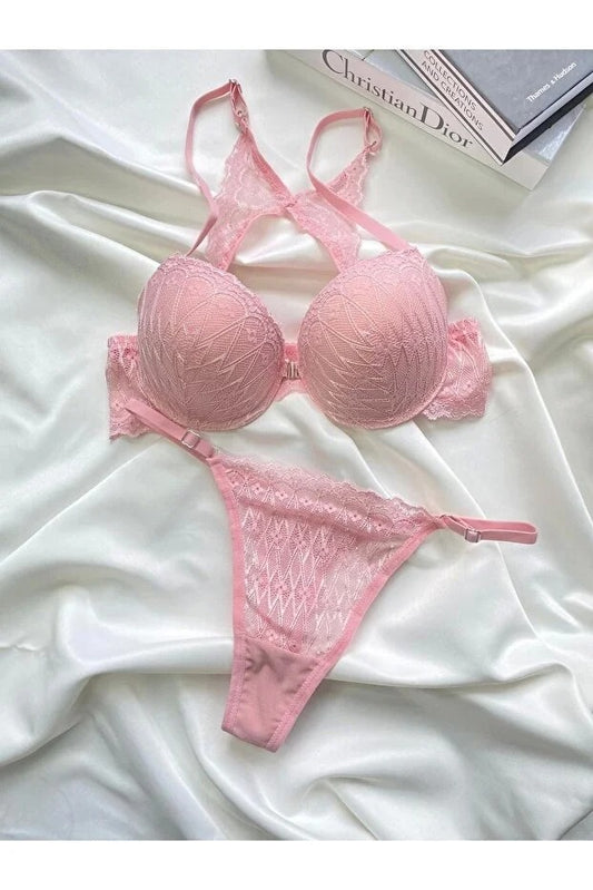 Front-Closure Lace Push-Up Lingerie Set – Romantic Rose Pink