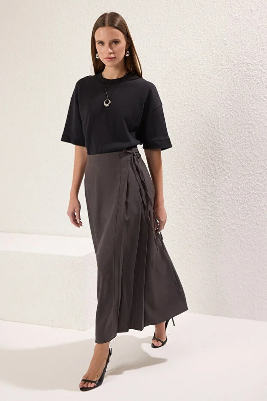 Gray Pleat-Detail Woven Maxi Skirt