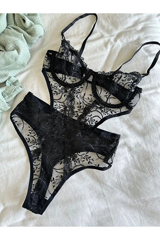 Noir Botanica – Intricate Floral Broderie Underwired Bodysuit