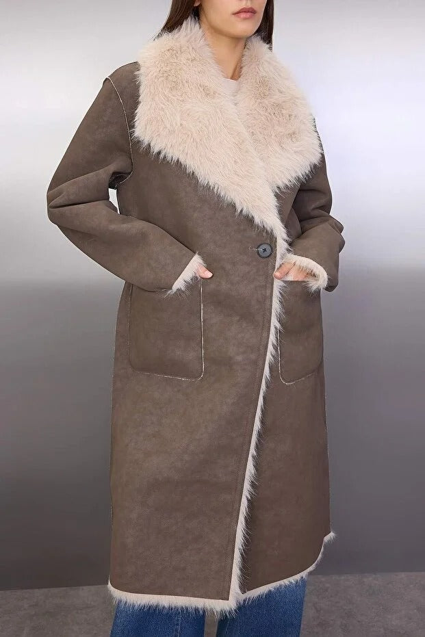 Taupe-Ecru Reversible Long Suede Coat with Fur Lapel and Mono Closure