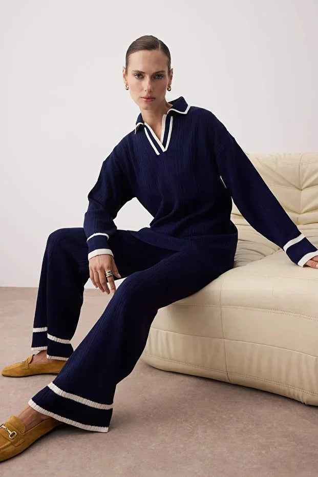 Navy Blue Piped Knit Sweater & Pants Set