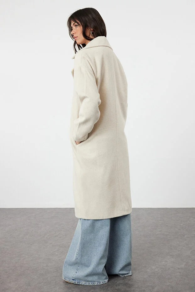 Ecru Oversized Wide-Cut Long Wool-Blend Coat