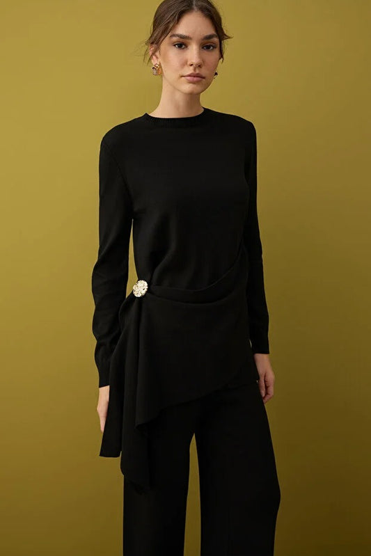 Black Knit Set with Buckle Detail