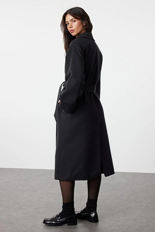 Black Belted Regular Fit Long Wool-Blend Coat