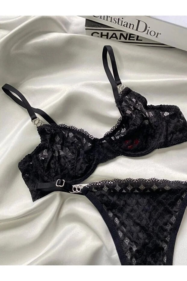 Nude Lace Bralette Set - Embroidered 2-Piece Lingerie with Bonus Thong