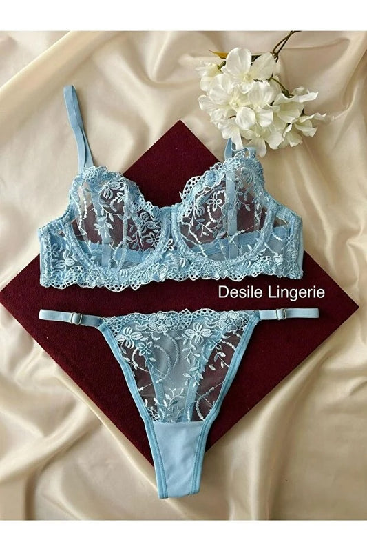 Light Blue Bralette Set - Lace 2-Piece Lingerie with Thong