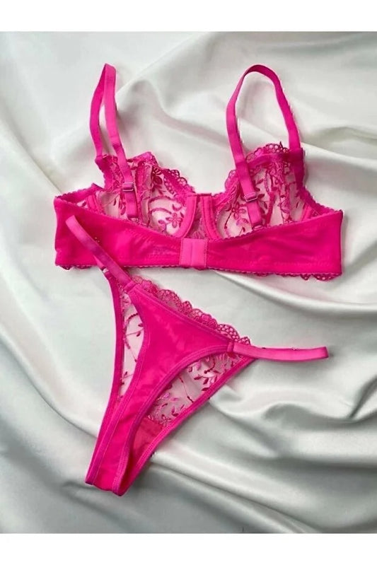 Embroidered Barbie Pink Lace Lingerie Set – Underwired Bra & Thong