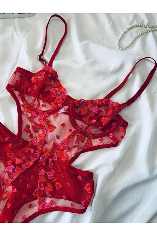 Valentine’s Amour – Heart Embroidered Underwired Mesh Bodysuit