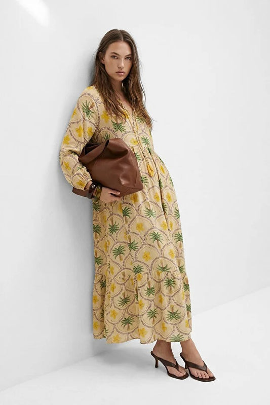 Yellow Palm Print Viscose Maxi Dress