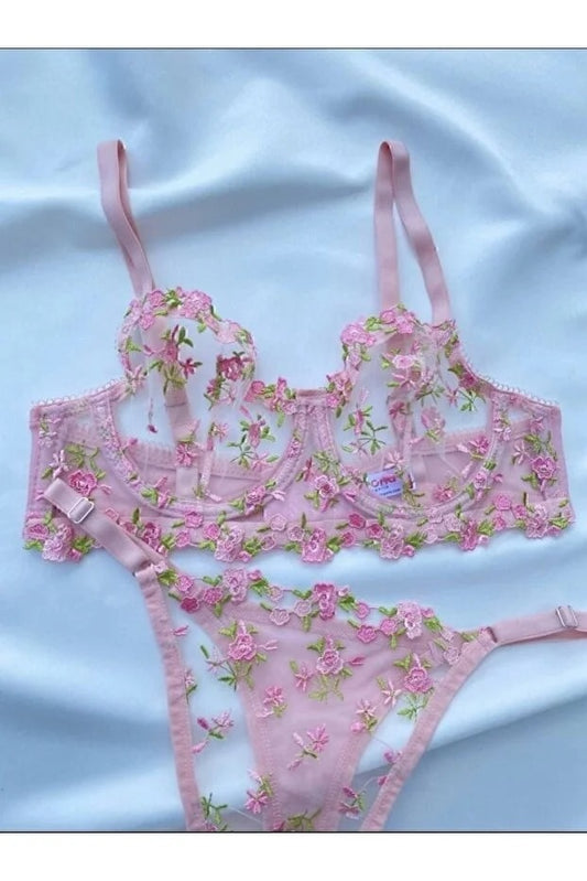 Lace Underwire Bra Set - Floral Balconette Bra & Thong