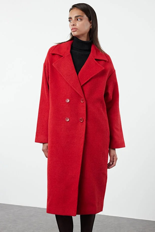 Red Oversized Wide-Cut Long Wool-Blend Coat