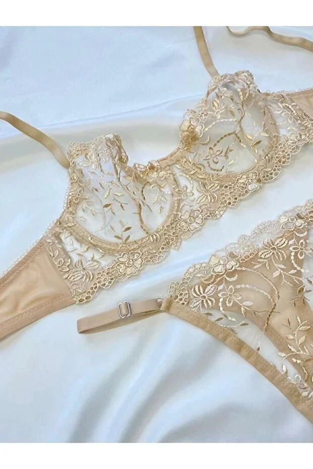 Nude Embroidered Underwire Bra Set - Broderie 2-Piece Lingerie with Thong