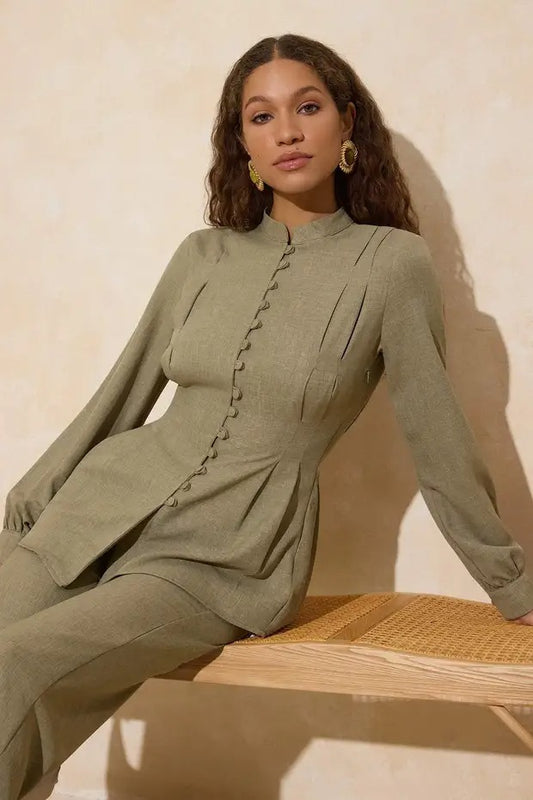 Sage Green Linen-Look Mandarin Blouse & Wide-Leg Trouser Co-ord Set