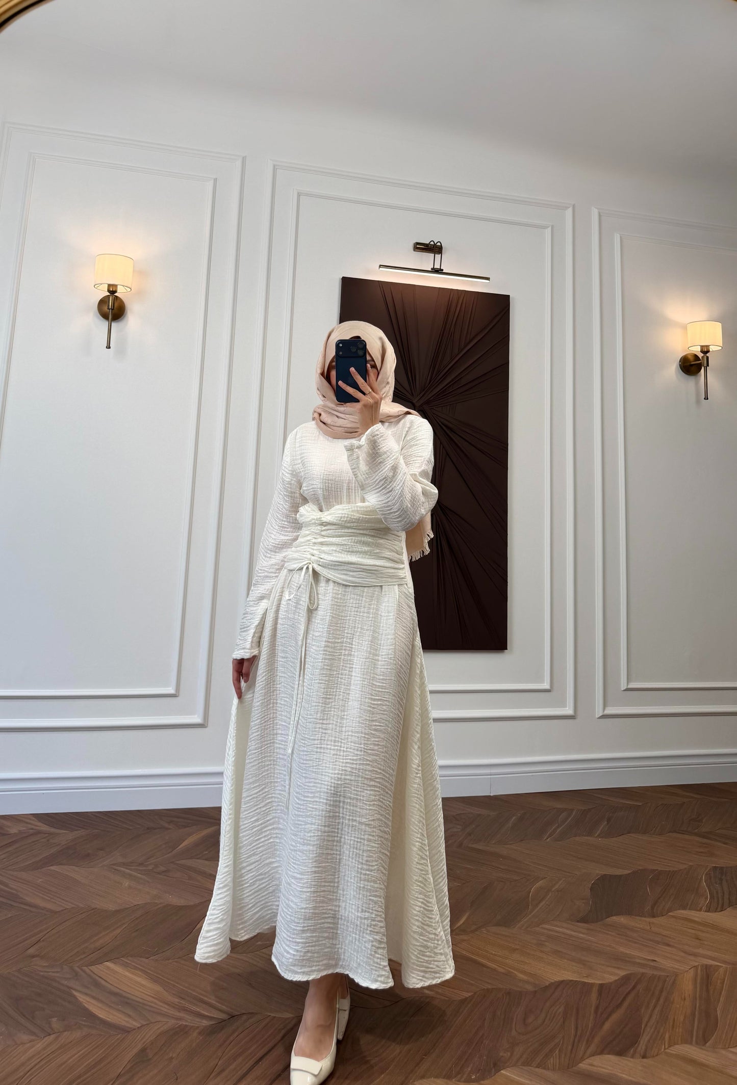 Off White Ruched Drawstring Waist Maxi Dress with Flared Sleeves