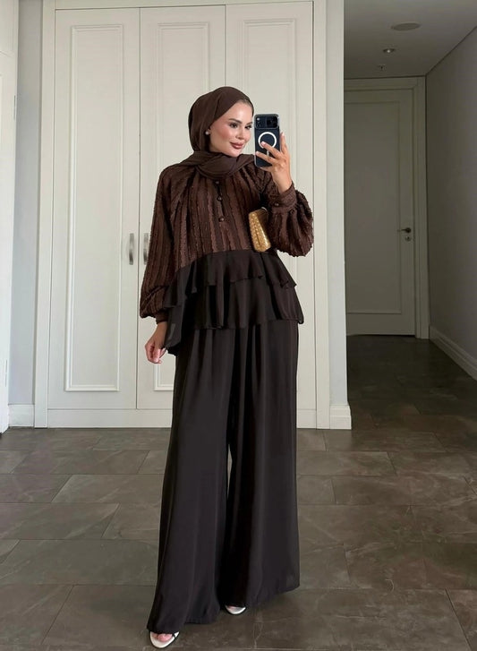 Furla Brown Modest Pant Set - Lined Two Piece High Low Outfit