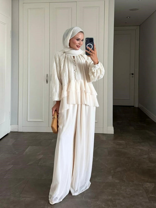 Furla Cream Modest Pant Set - Lined Two Piece High Low Outfit