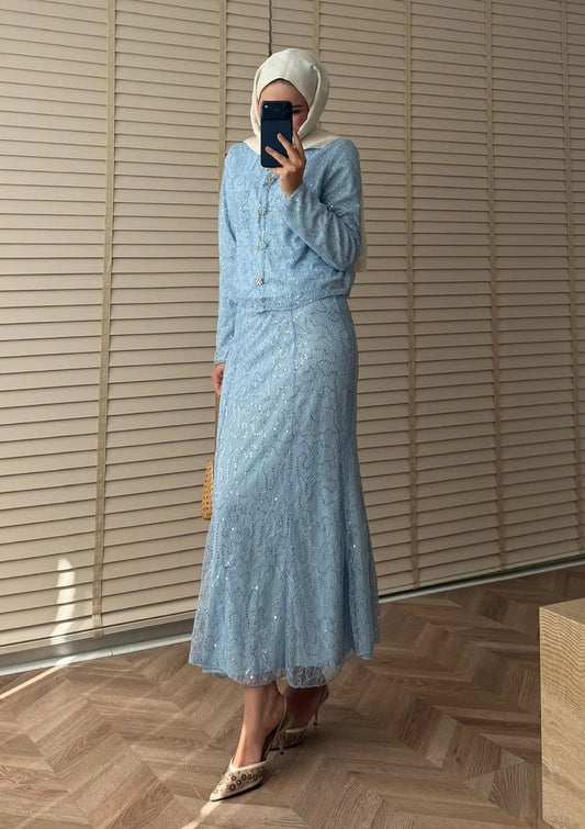 Lace Shimmer Skirt Set – Blue