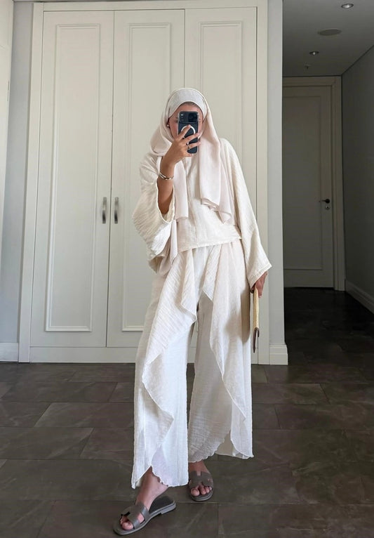 Suzy Beige Modest Pant Set - Lined Batwing Sleeve Two Piece Outfit
