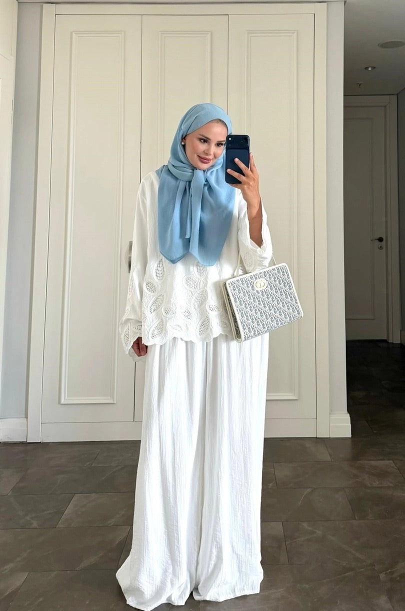 Dolly White Modest Pant Set - Elegant Two Piece Tunic Outfit