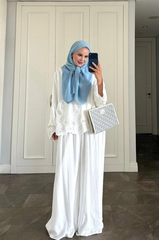 Dolly White Modest Pant Set - Elegant Two Piece Tunic Outfit