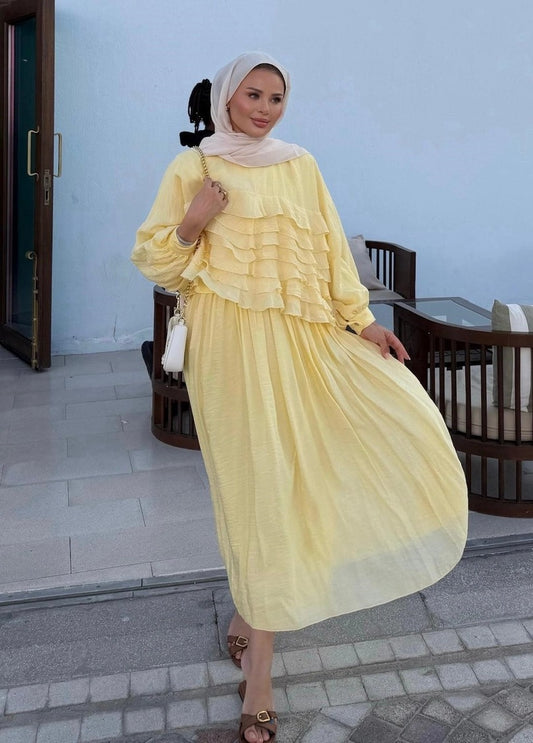 Tiered Ruffle Blouse & Pleated Maxi Skirt Co-ord Set - Yellow
