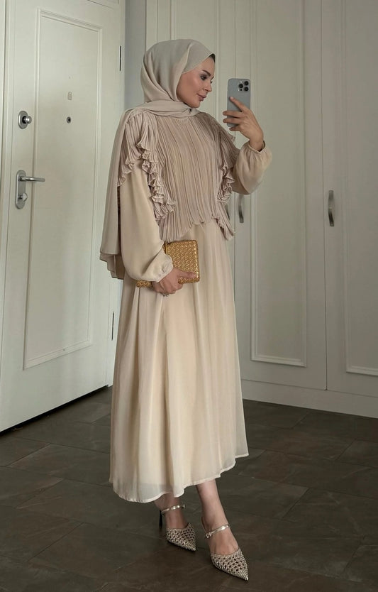 Beige Pleated Ruffle-Detail Chiffon Blouse & Midi Skirt Co-ord Set -PRE ORDER
